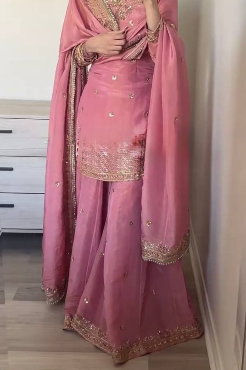 Sharara Suit Set in Pink, Heavy, Pure Chinnon Silk.