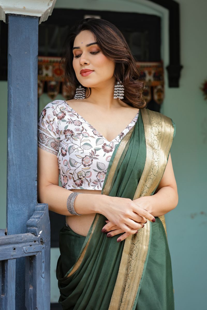 Light Chiffon Saree with Deep Bottle Green Feather