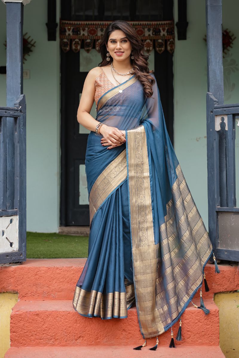 Stylish Slate Blue Saree with a Lightweight, Flowy Chiffon Texture
