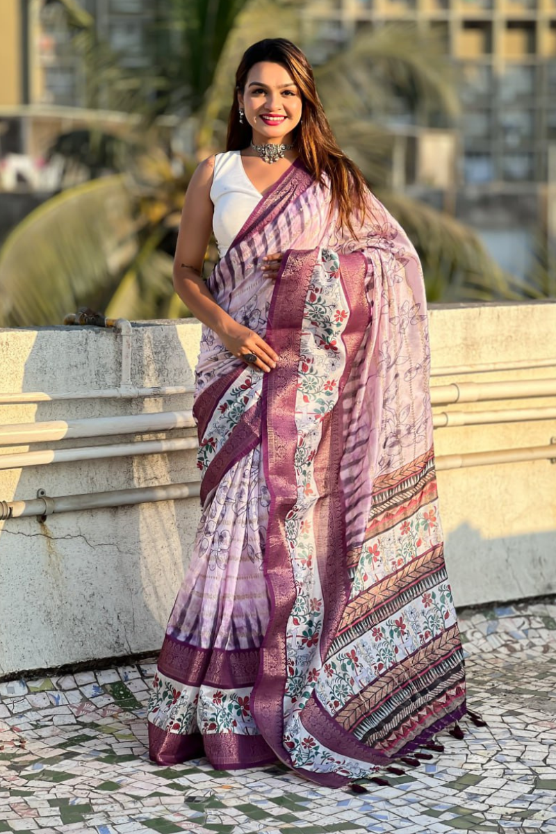 Flower-patterned Wine Soft Chanderi Crush Saree