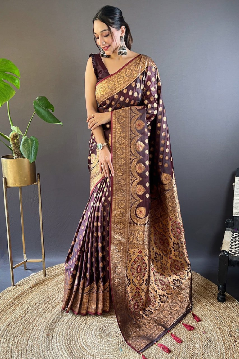 Sarees made of brown Banarasi Katan silk with small zari weaves.