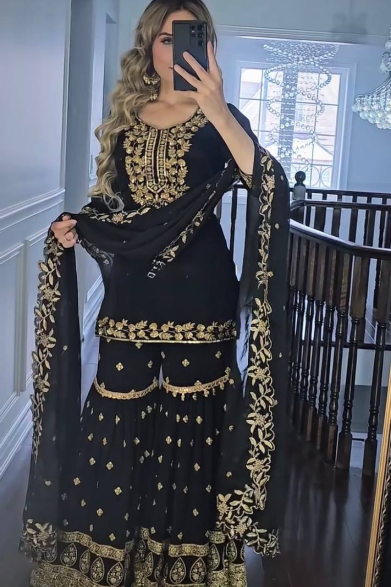 Heavy Faux Black Embroidered Georgette Sharara Suit.