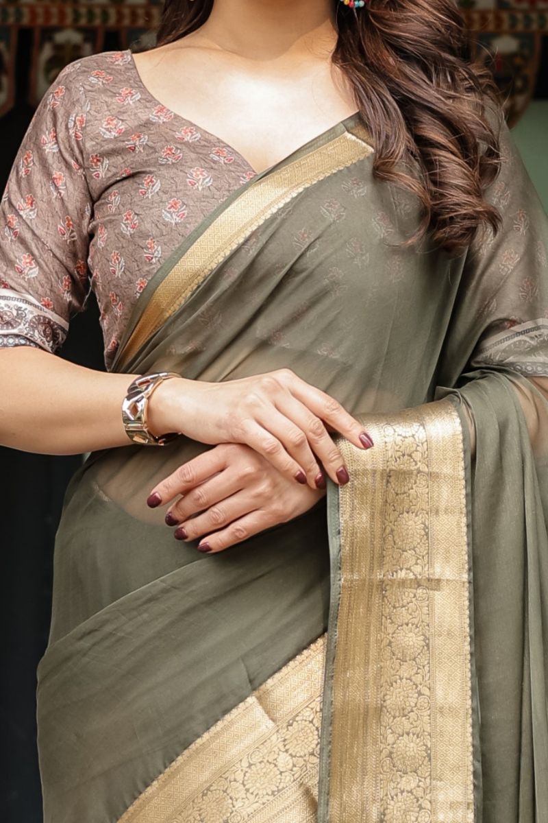 Elegant soft, featherlight chiffon saree in olive green