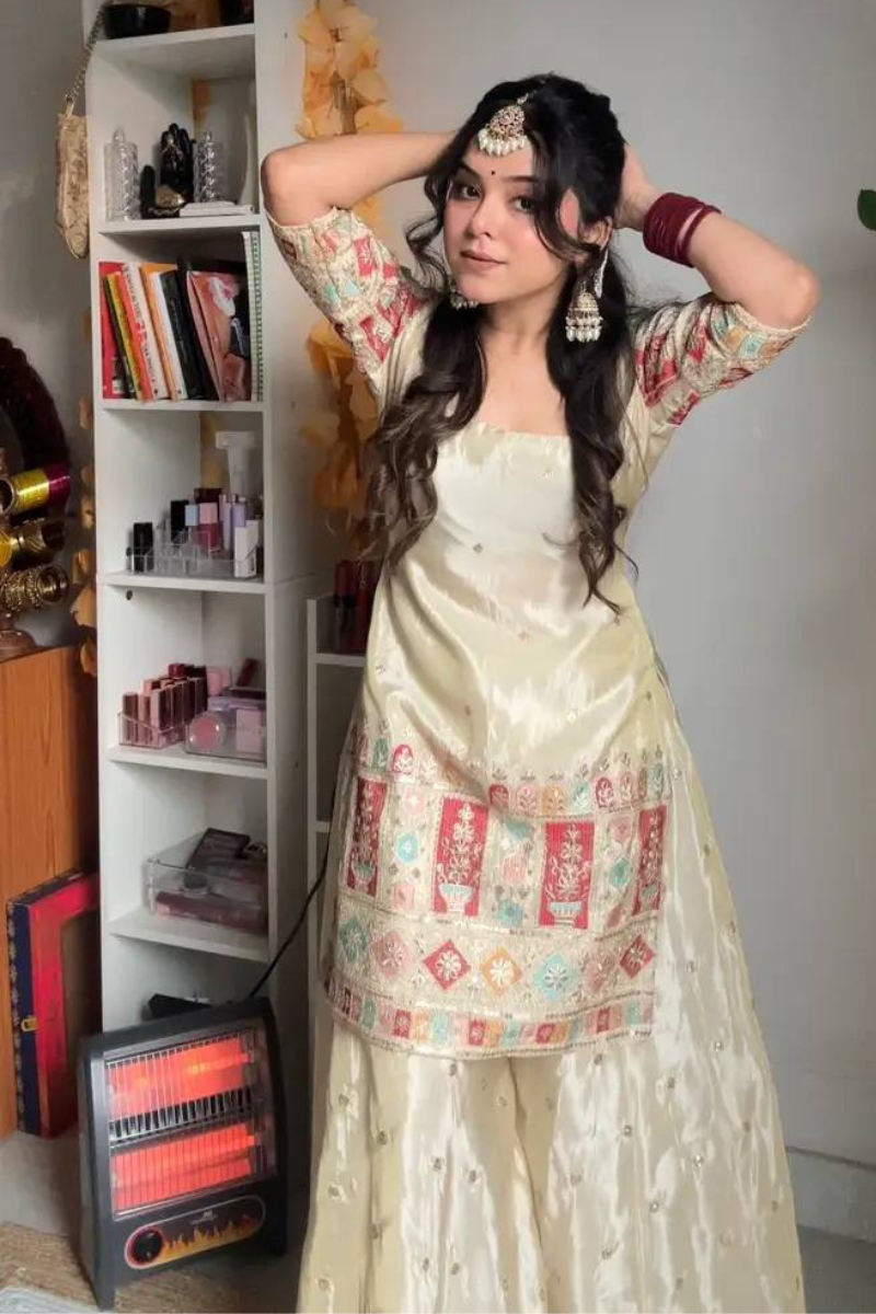 Embroidered Offwhite Heavy Chinon Silk Sharara Dupatta Set