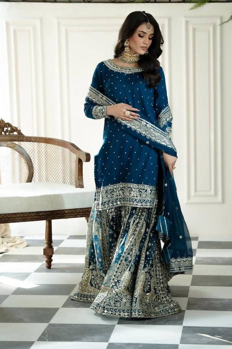 Heavy Faux Teal Sharara Dupatta Set in Georgette