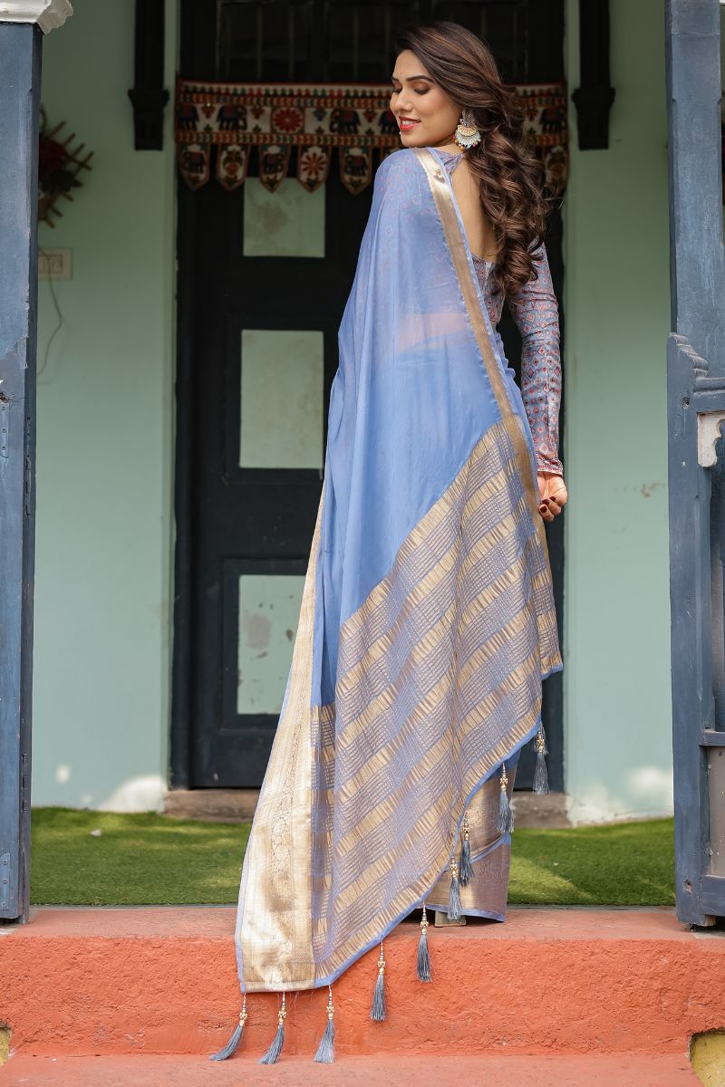 Gentle Periwinkle Blue Featherlight Saree Made of Chiffon
