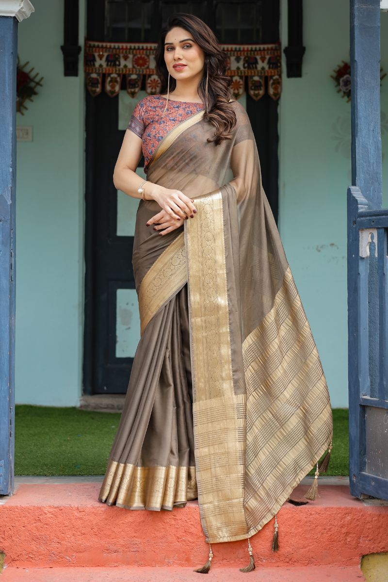 Elegant Coffee Brown Light Chiffon Saree with Feathers