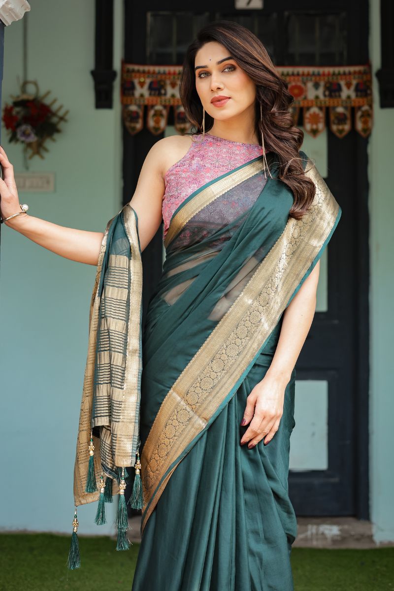 Chiffon in Royal Deep Teal Green for a flowing drape The saree