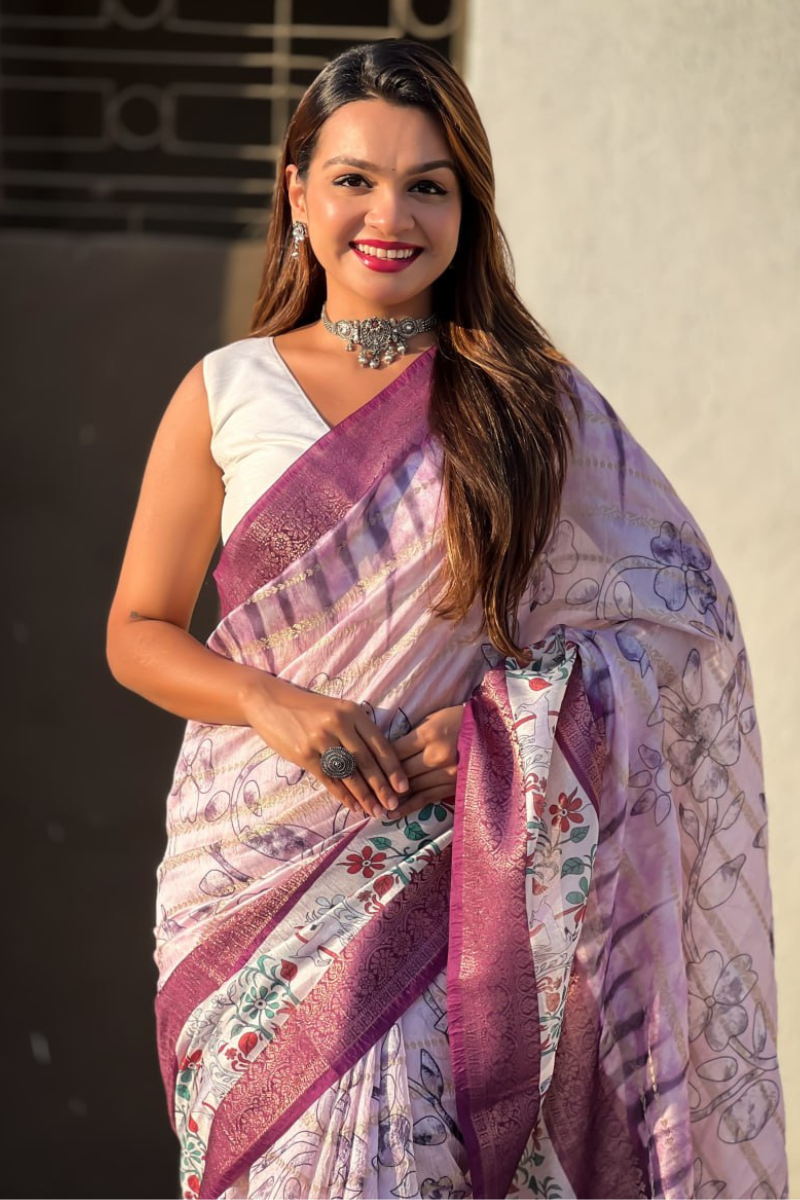 Flower-patterned Wine Soft Chanderi Crush Saree