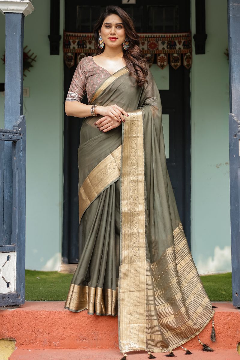 Elegant soft, featherlight chiffon saree in olive green