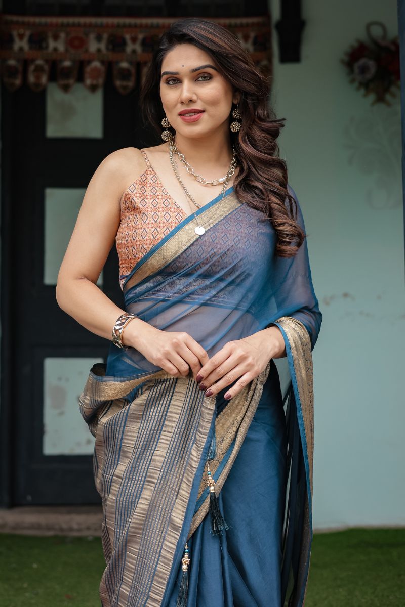 Stylish Slate Blue Saree with a Lightweight, Flowy Chiffon Texture