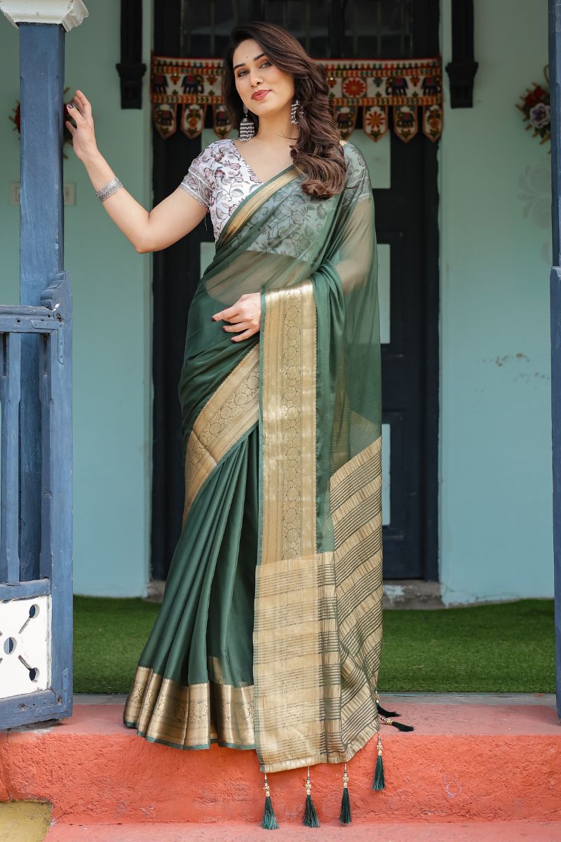 Light Chiffon Saree with Deep Bottle Green Feather