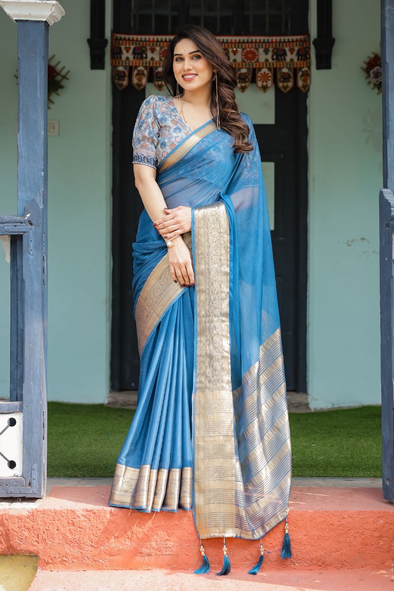 Gorgeous Blue Turquoise Flowy and light chiffon saree