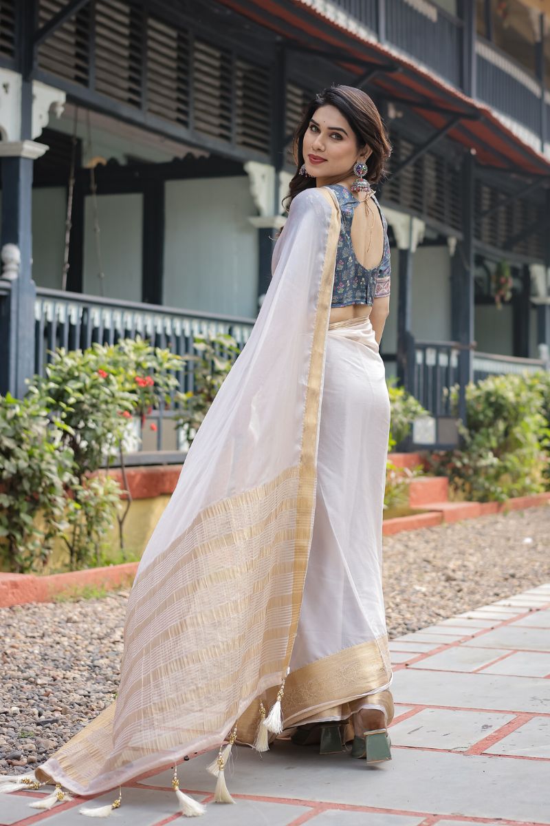 Traditional Lightweight and Flowing Cream White Chiffon Saree