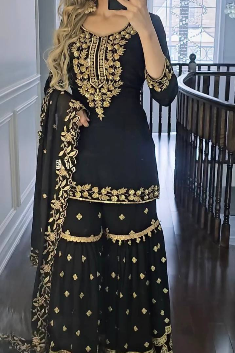 Heavy Faux Black Embroidered Georgette Sharara Suit.