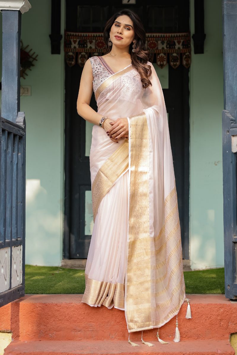 Soft-falling, elegant, lightweight, ivory-white chiffon saree