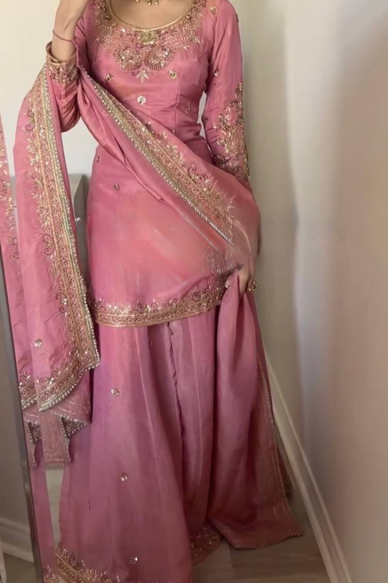 Sharara Suit Set in Pink, Heavy, Pure Chinnon Silk.