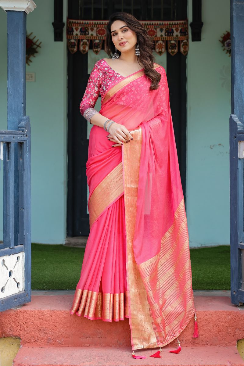Chiffon in a vibrant, hot pink flow Floral weave saree