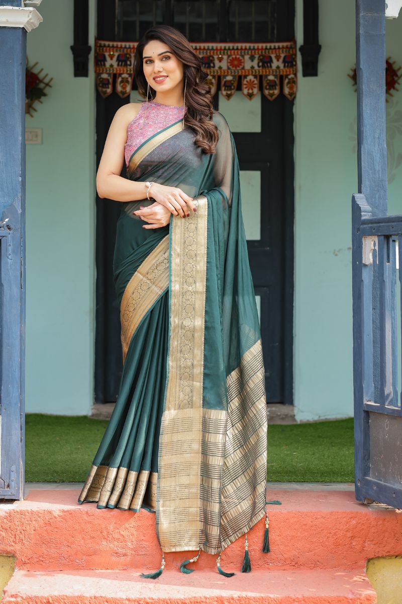 Chiffon in Royal Deep Teal Green for a flowing drape The saree