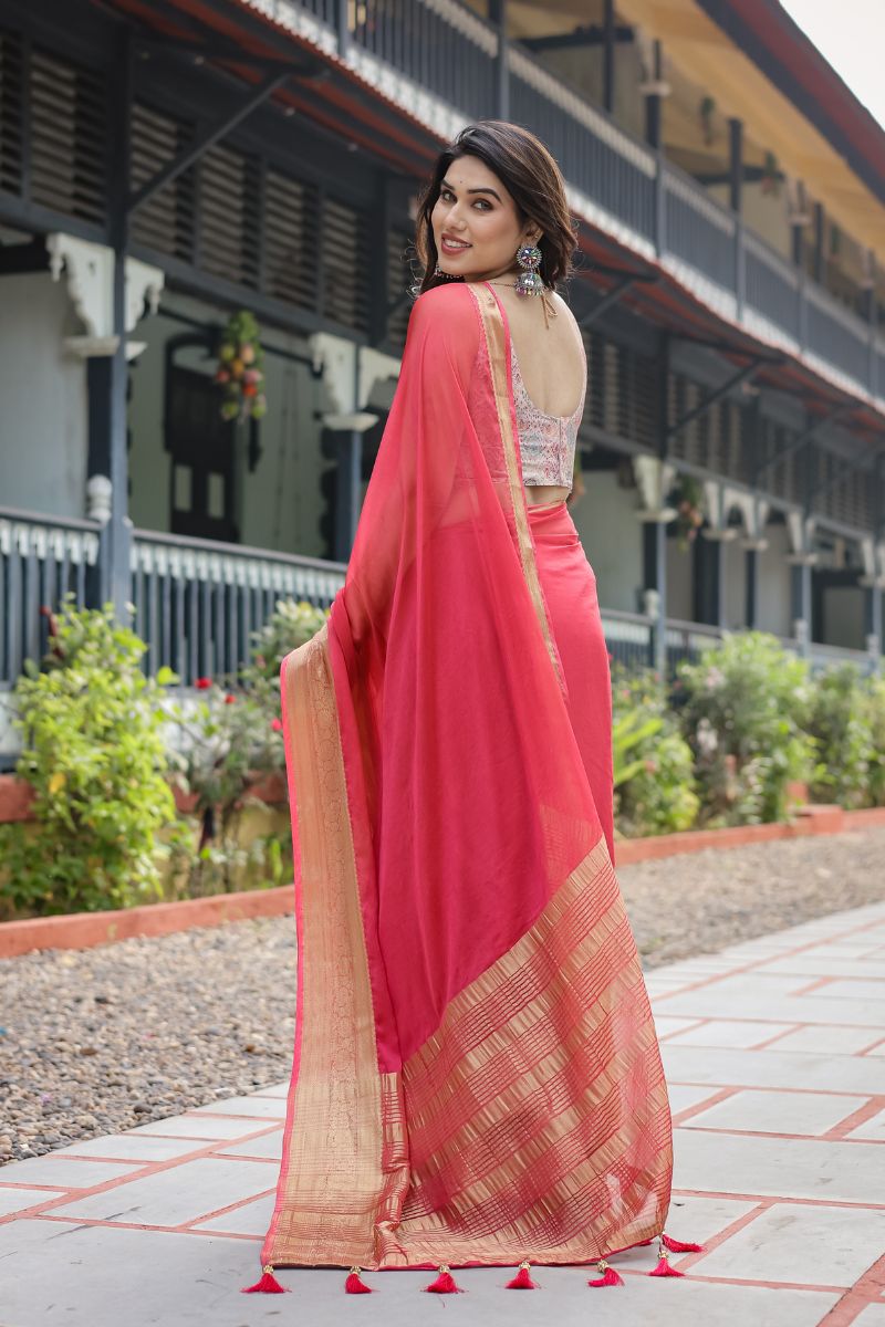 Chiffon Saree with airy, striking coral red light