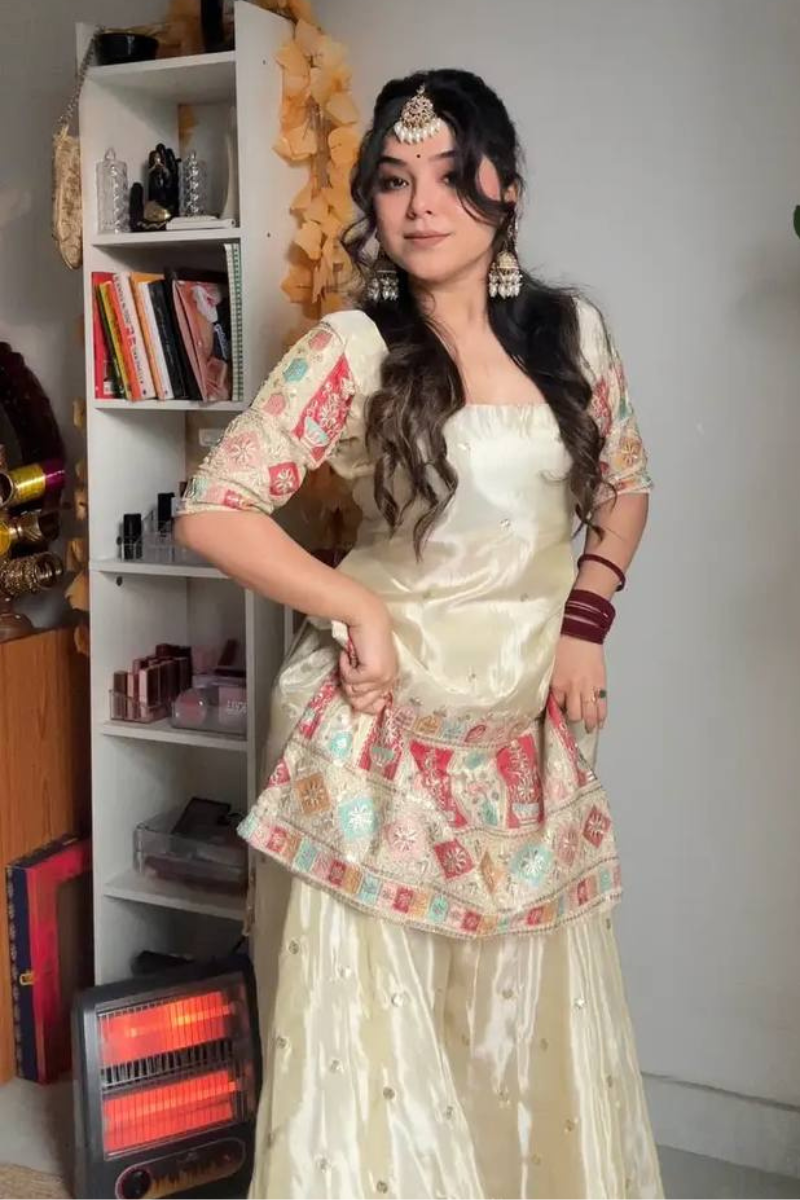 Embroidered Offwhite Heavy Chinon Silk Sharara Dupatta Set