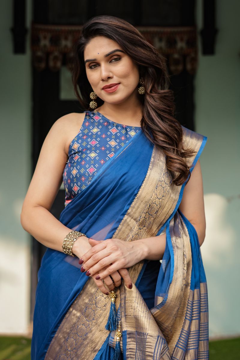 Royal Blue Rich A delicate, flowing chiffon saree for a sophisticated drape