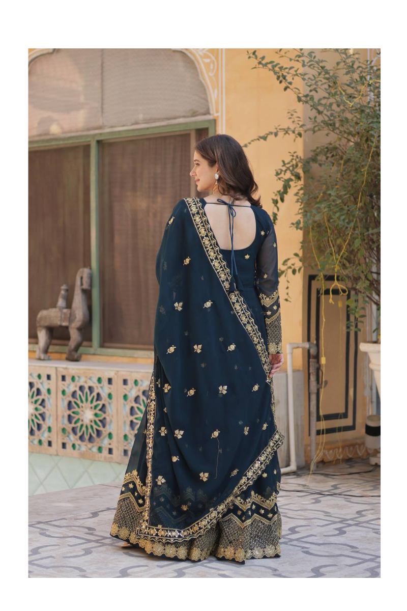 Heavy Faux Dark Blue Full Heavy Embroidery Sequence Work on a Georgette Gown.