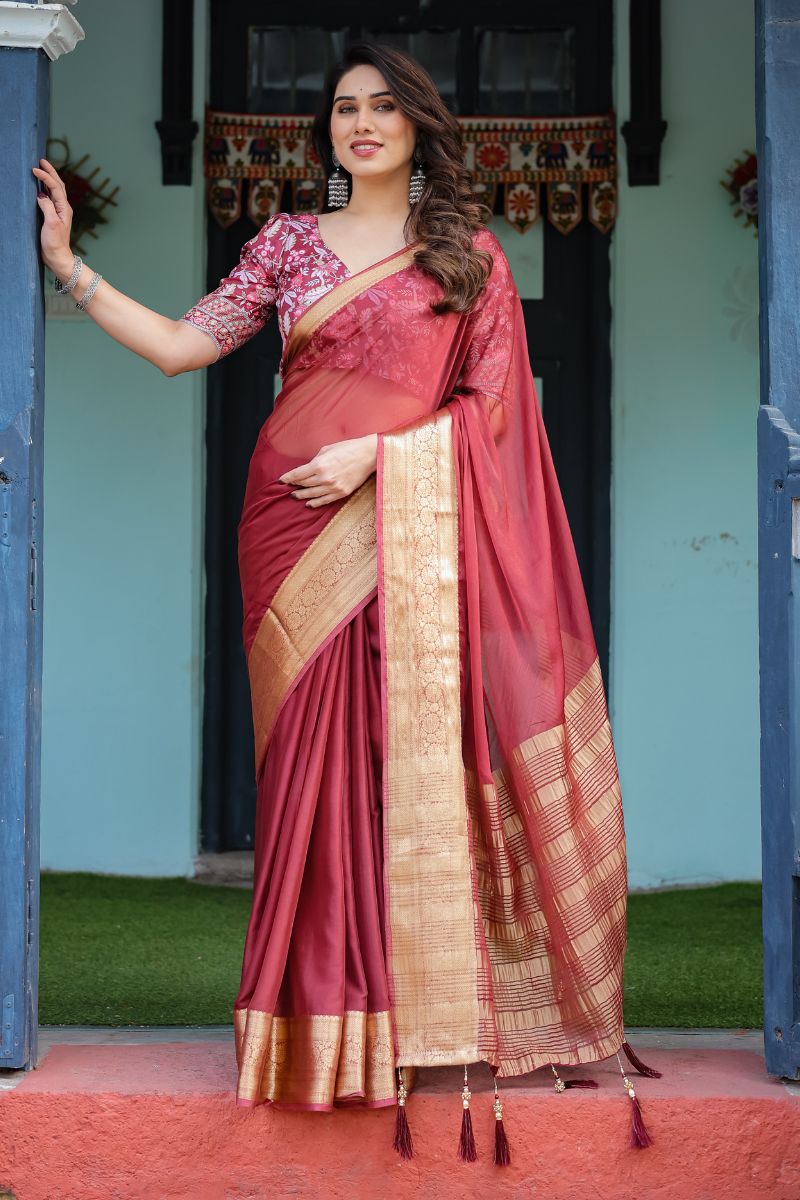 A delicately flowing chiffon saree with delicate floral embroidery