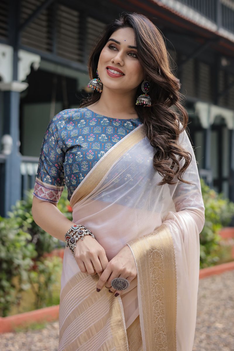 Traditional Lightweight and Flowing Cream White Chiffon Saree
