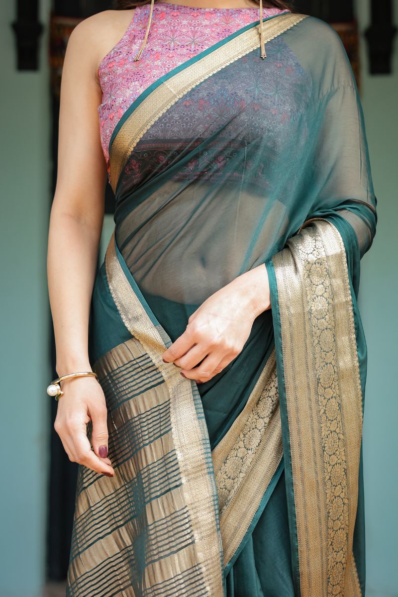 Chiffon in Royal Deep Teal Green for a flowing drape The saree