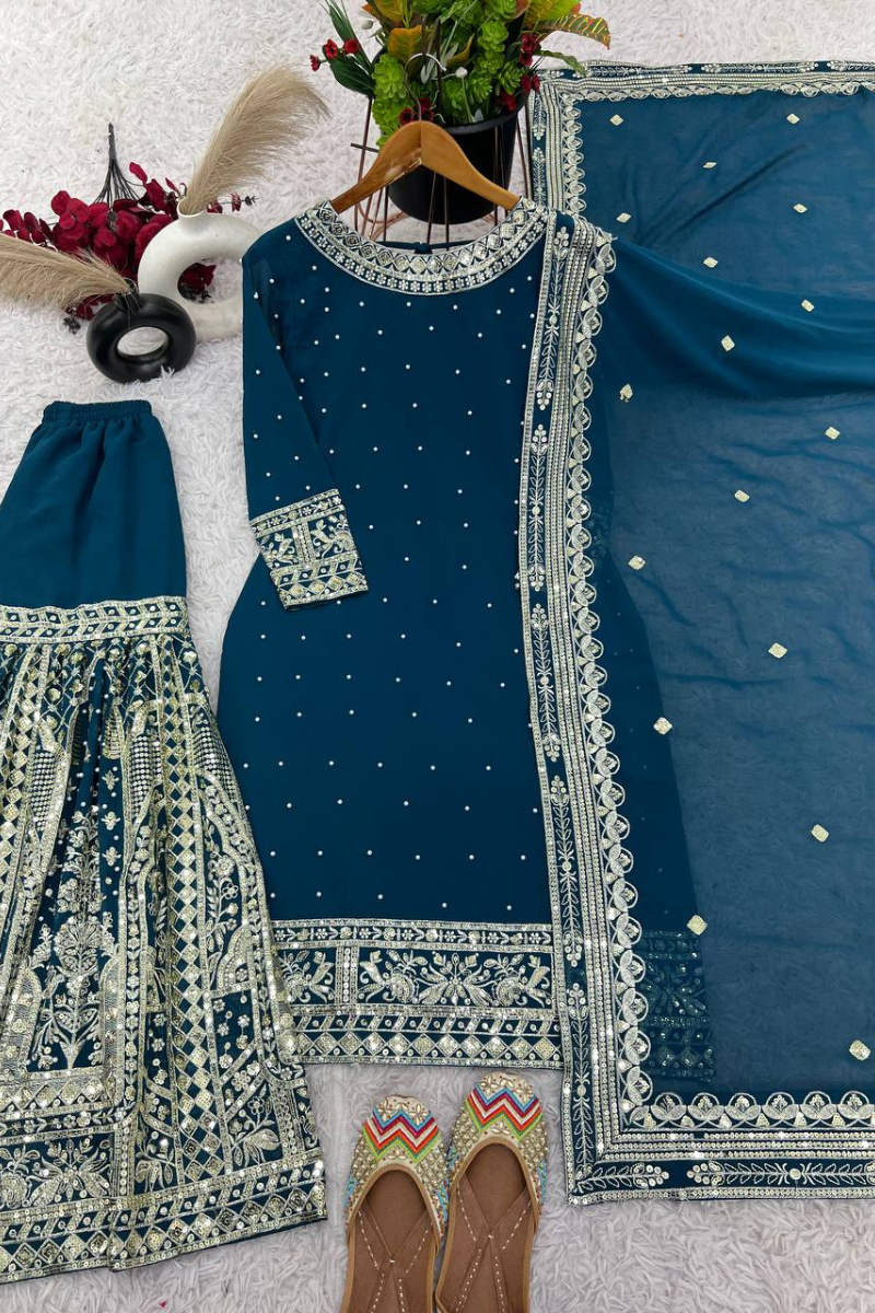 Heavy Faux Teal Sharara Dupatta Set in Georgette