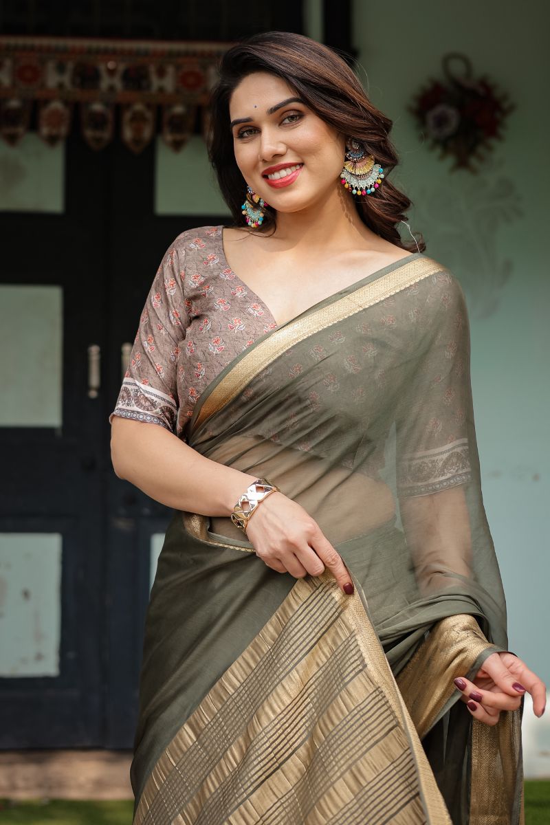 Elegant soft, featherlight chiffon saree in olive green