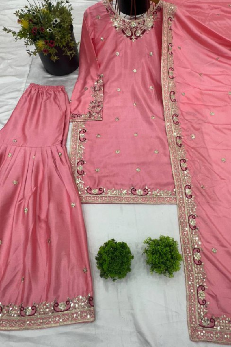 Sharara Suit Set in Pink, Heavy, Pure Chinnon Silk.