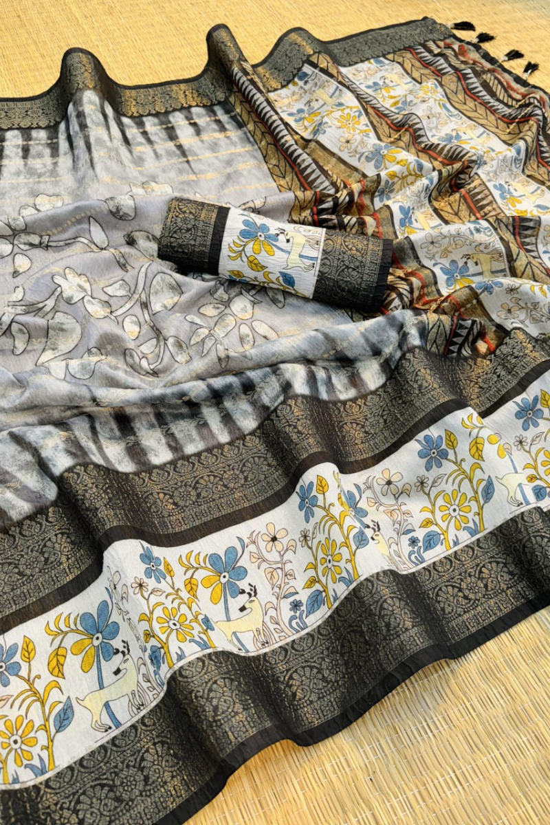 Flower-patterned soft Chanderi crush saree in grey