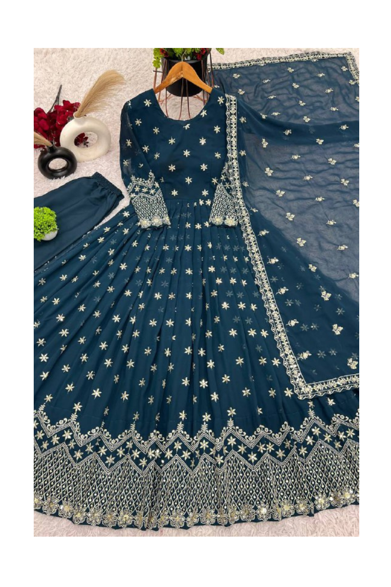 Heavy Faux Dark Blue Full Heavy Embroidery Sequence Work on a Georgette Gown.