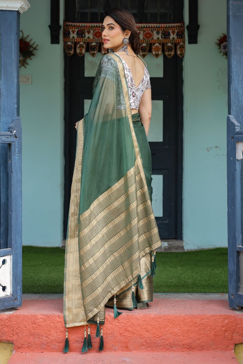 Light Chiffon Saree with Deep Bottle Green Feather