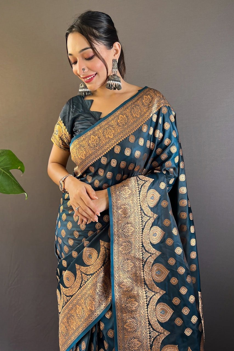 small zari weaves on teal Banarasi Katan Silk Sarees.