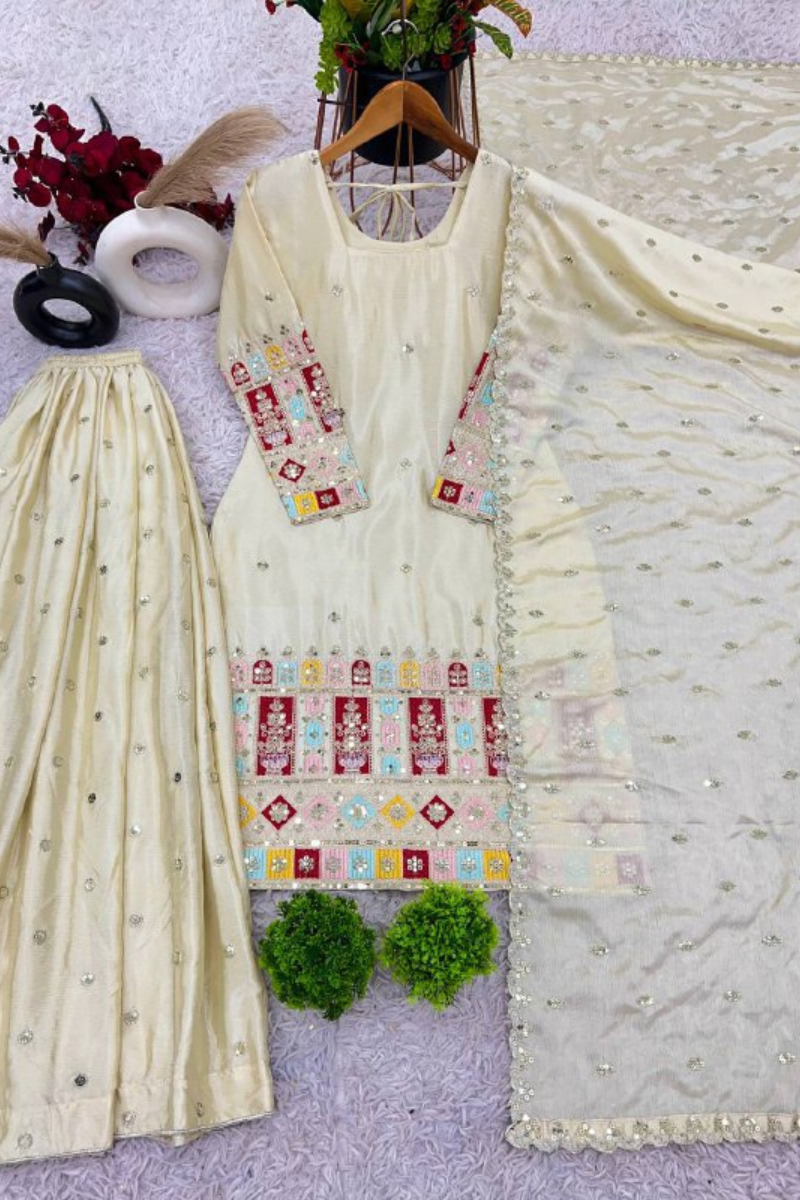 Embroidered Offwhite Heavy Chinon Silk Sharara Dupatta Set