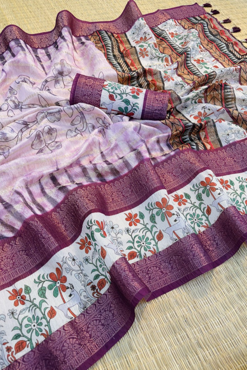 Flower-patterned Wine Soft Chanderi Crush Saree