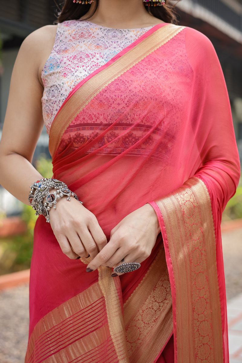 Chiffon Saree with airy, striking coral red light