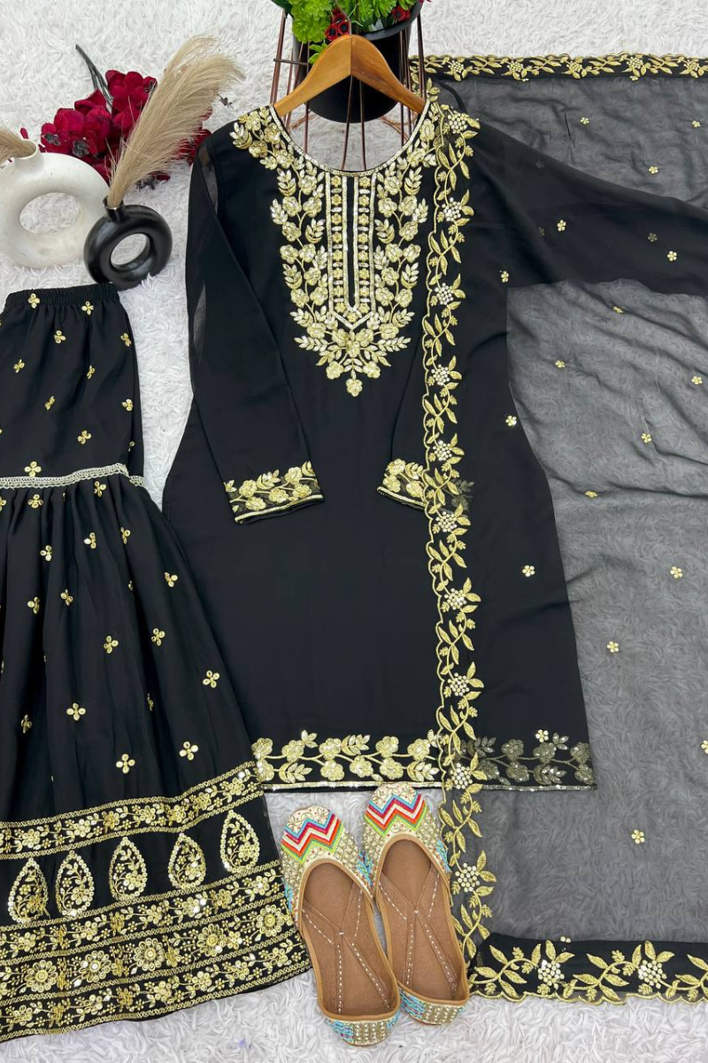 Heavy Faux Black Embroidered Georgette Sharara Suit.