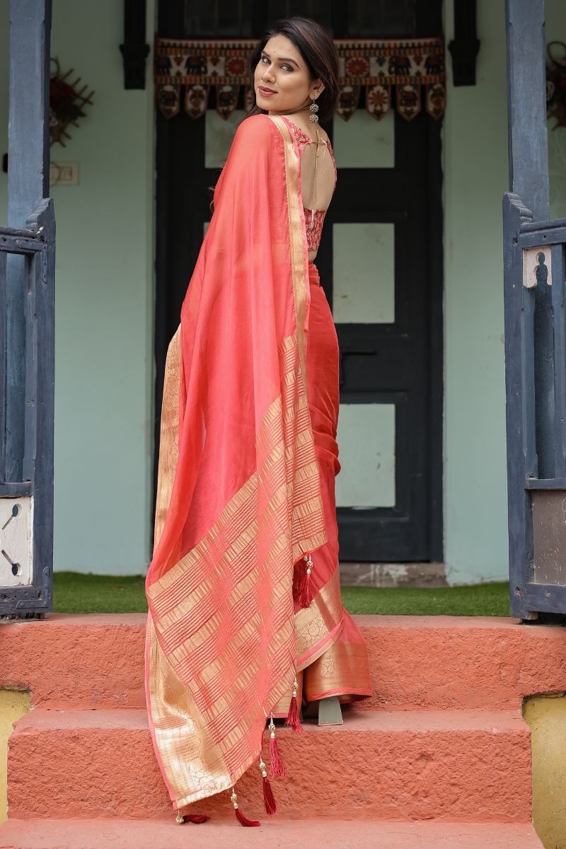 Lightweight Chiffon Saree in Coral Rose for a sophisticated fall ensemble