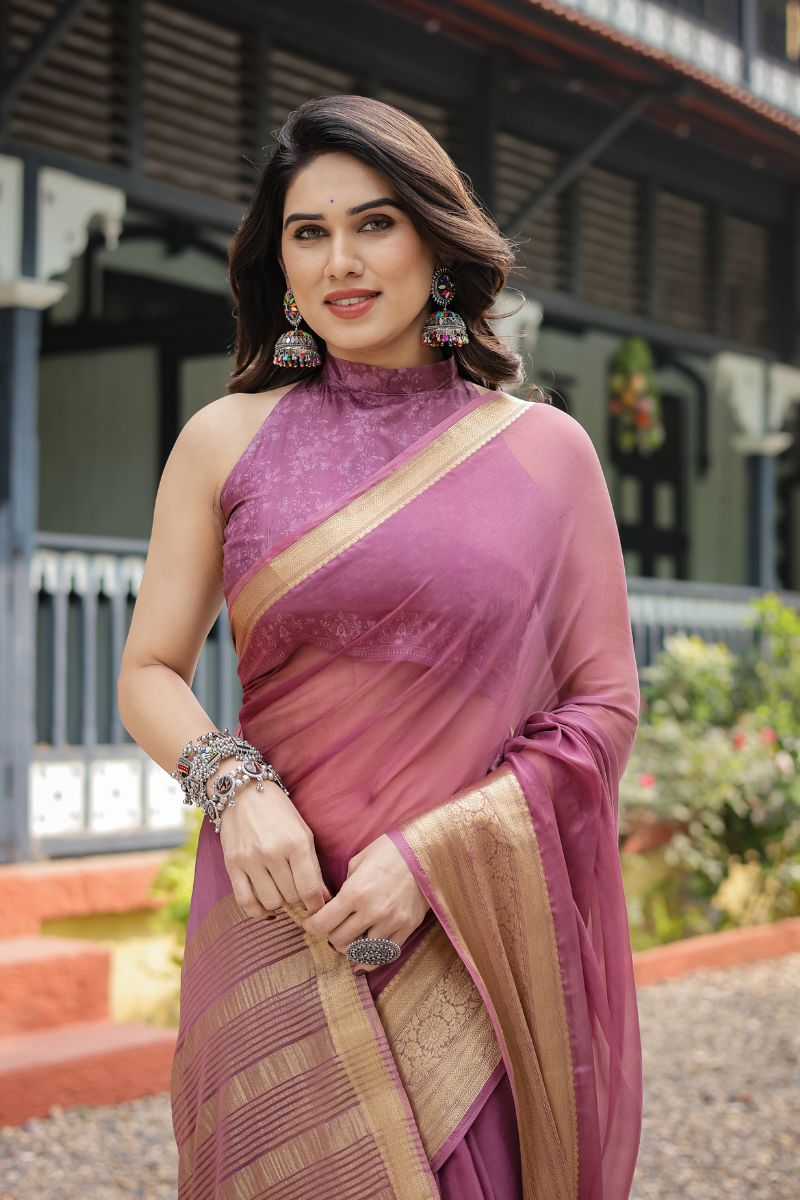 Dreamy drape saree made of soft, lightweight chiffon in a soft shade of mauve pink