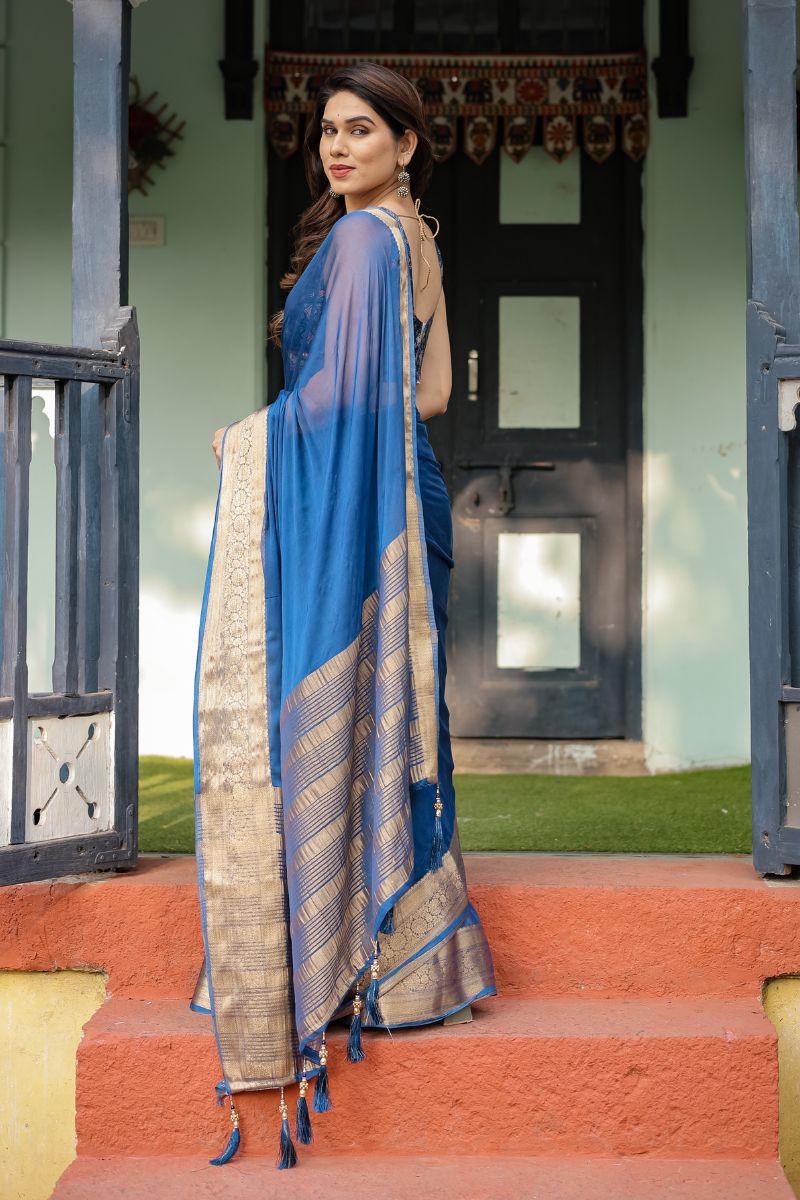 Royal Blue Rich A delicate, flowing chiffon saree for a sophisticated drape