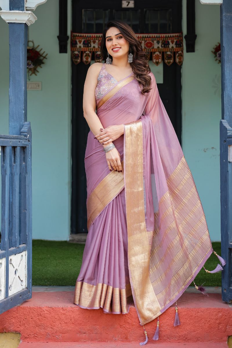 Calm Lavender Purple Floral Print Soft Chiffon Saree