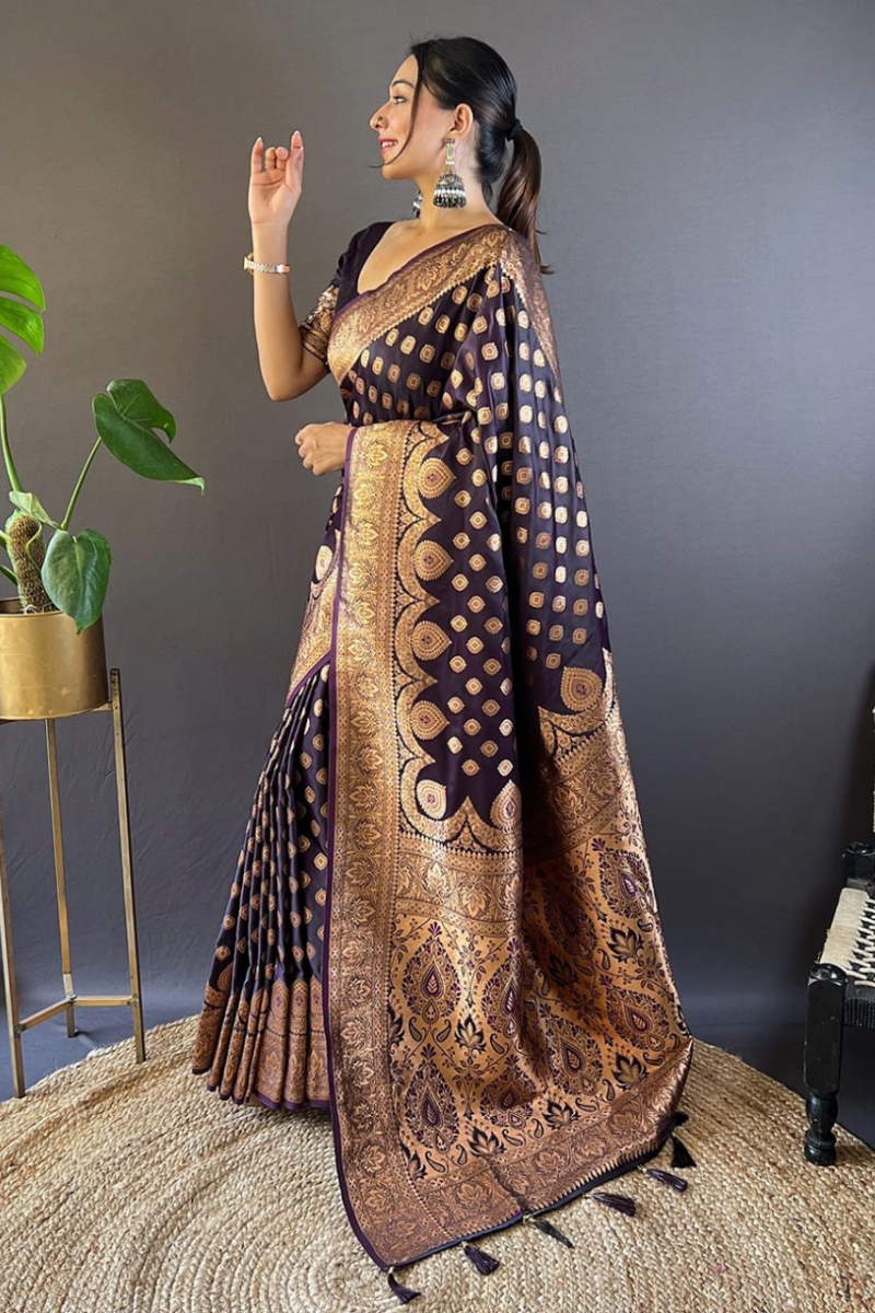 Sarees made of brown Banarasi Katan silk with small zari weaves.