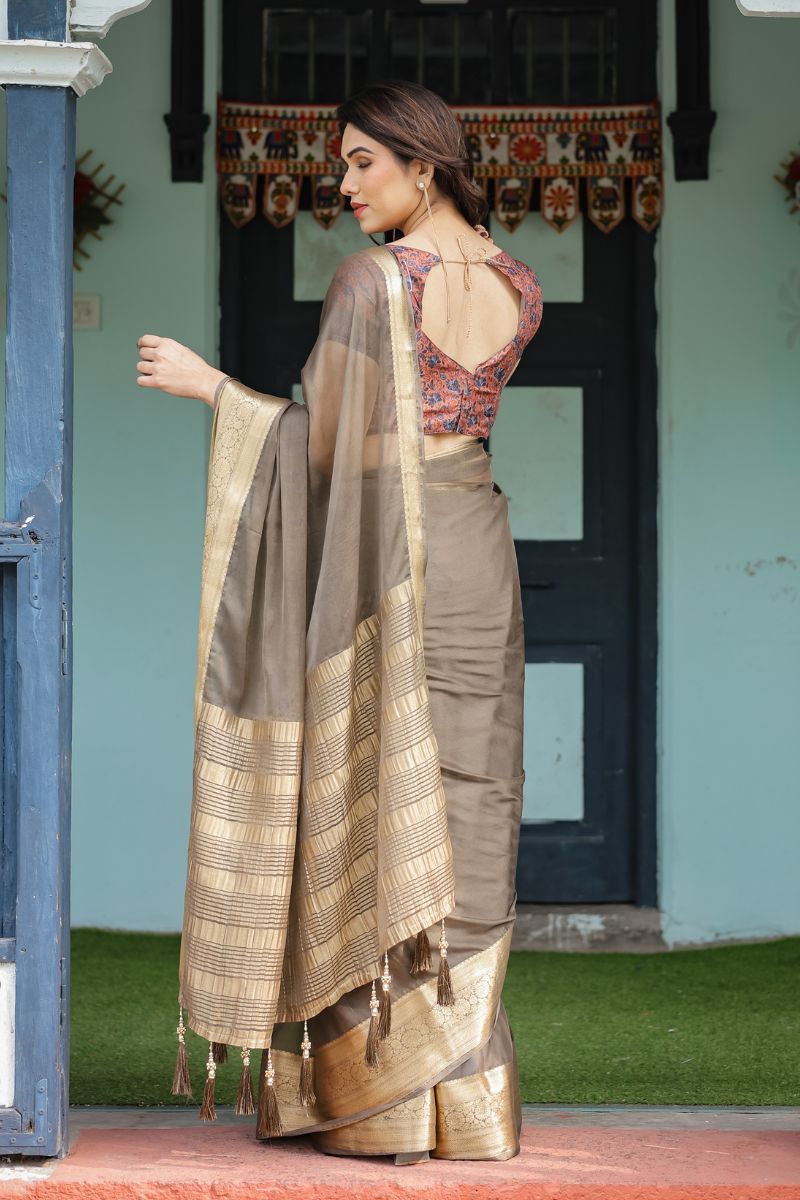 Elegant Coffee Brown Light Chiffon Saree with Feathers