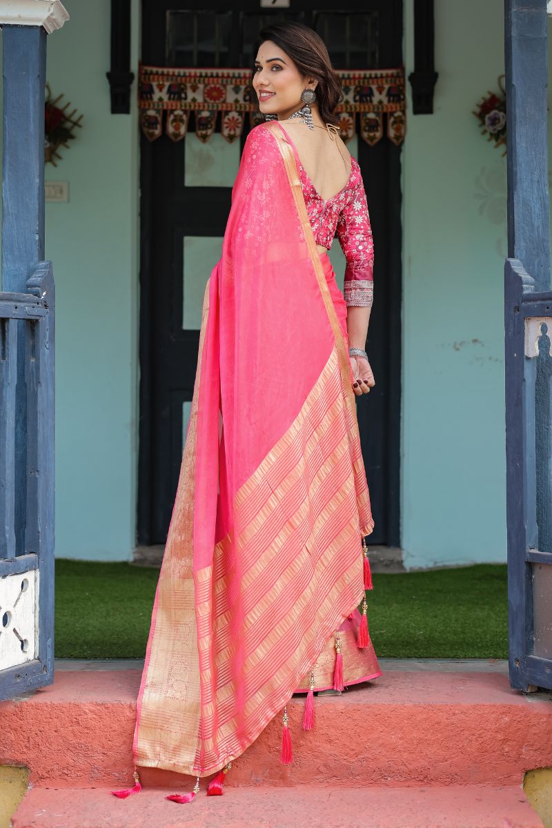Chiffon in a vibrant, hot pink flow Floral weave saree