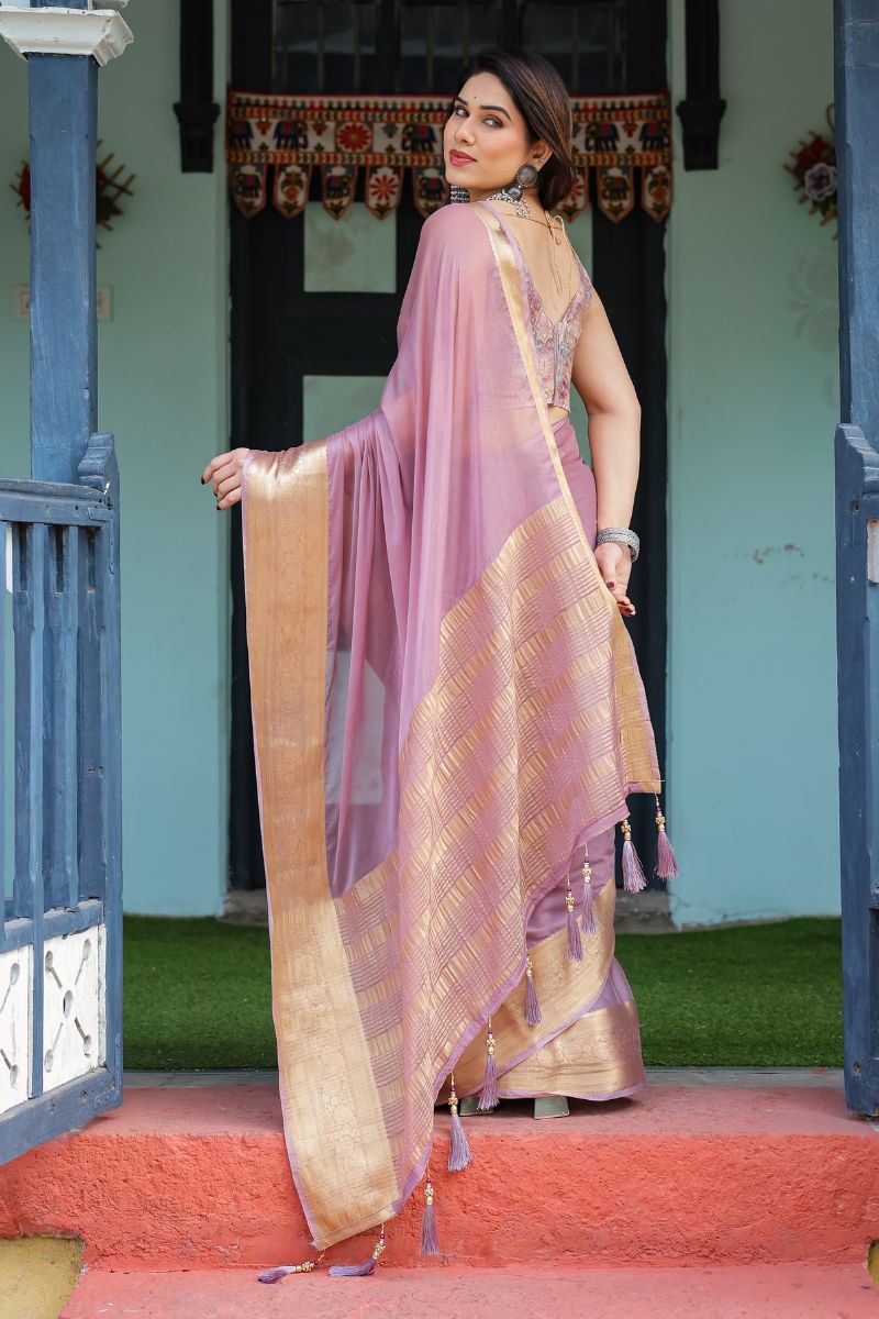 Calm Lavender Purple Floral Print Soft Chiffon Saree