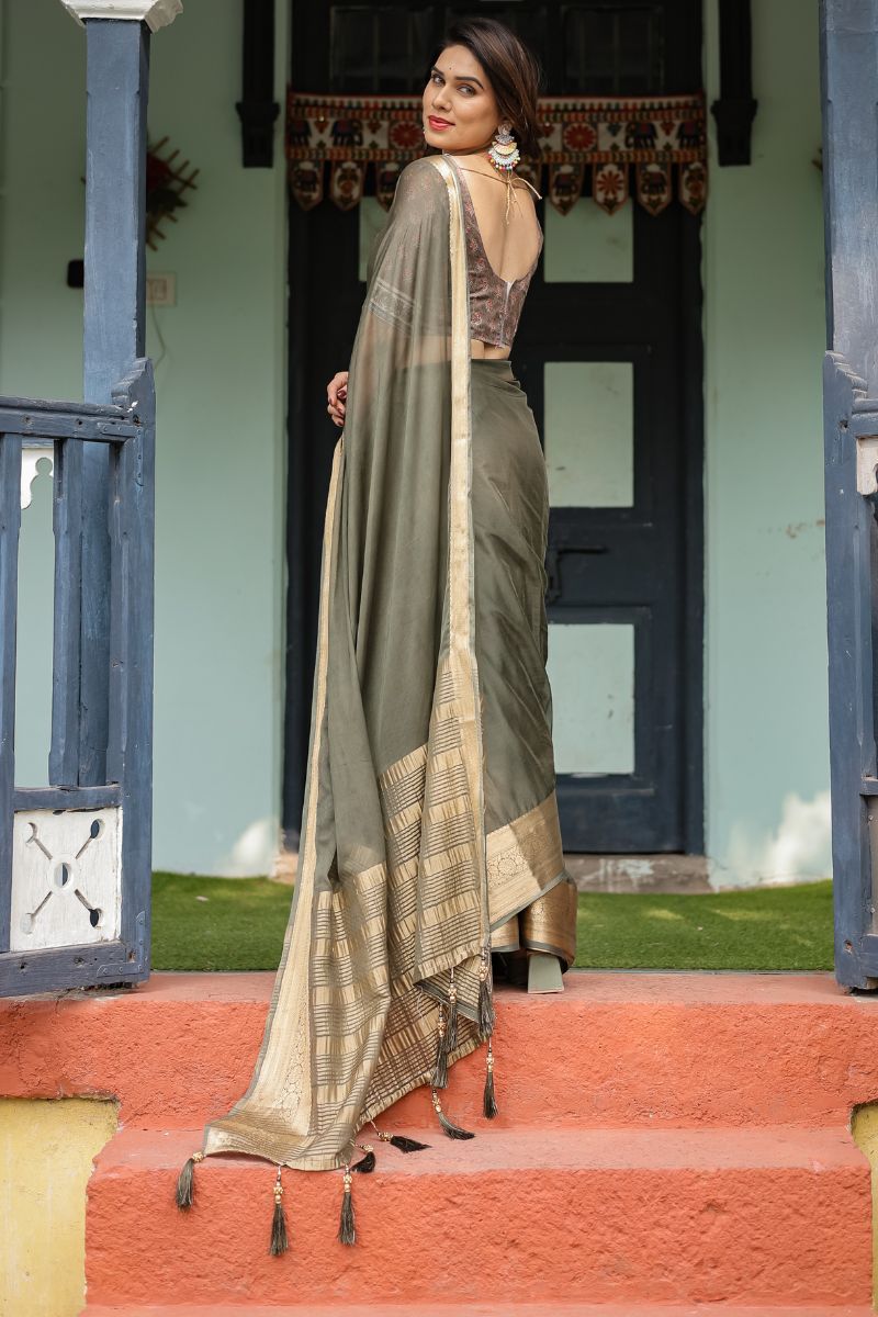 Elegant soft, featherlight chiffon saree in olive green